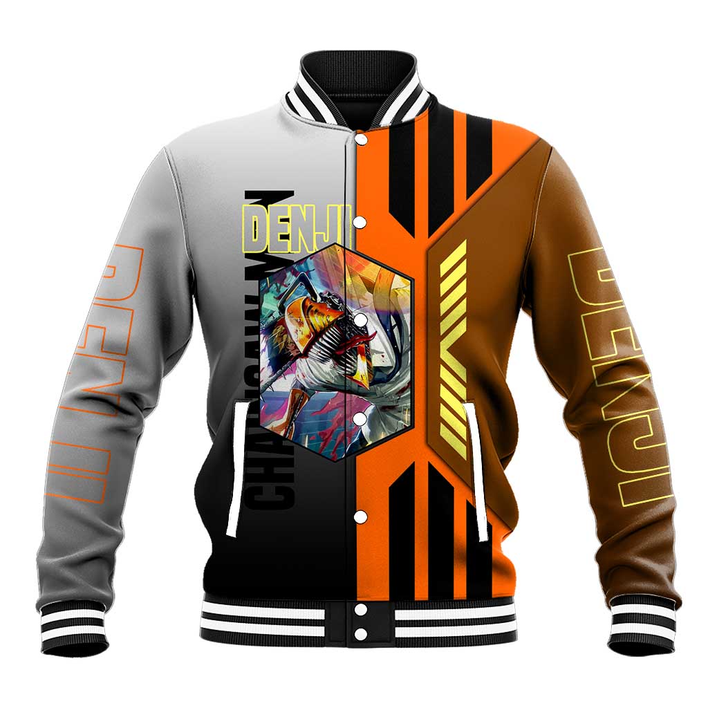Denji from Chainsaw Man Baseball Jacket with Energetic Posing and Chainsaw Demon Design - The Mazicc