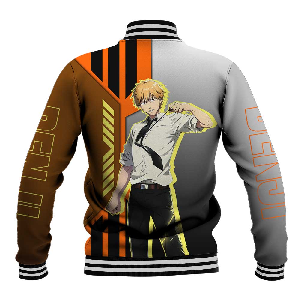 Denji from Chainsaw Man Baseball Jacket with Energetic Posing and Chainsaw Demon Design - The Mazicc
