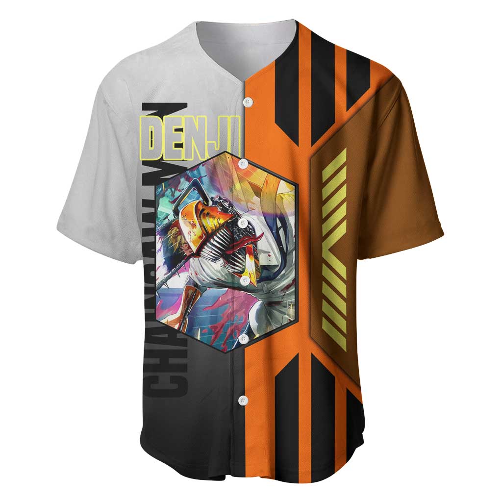 Denji from Chainsaw Man Baseball Jersey with Energetic Posing and Chainsaw Demon Design - The Mazicc