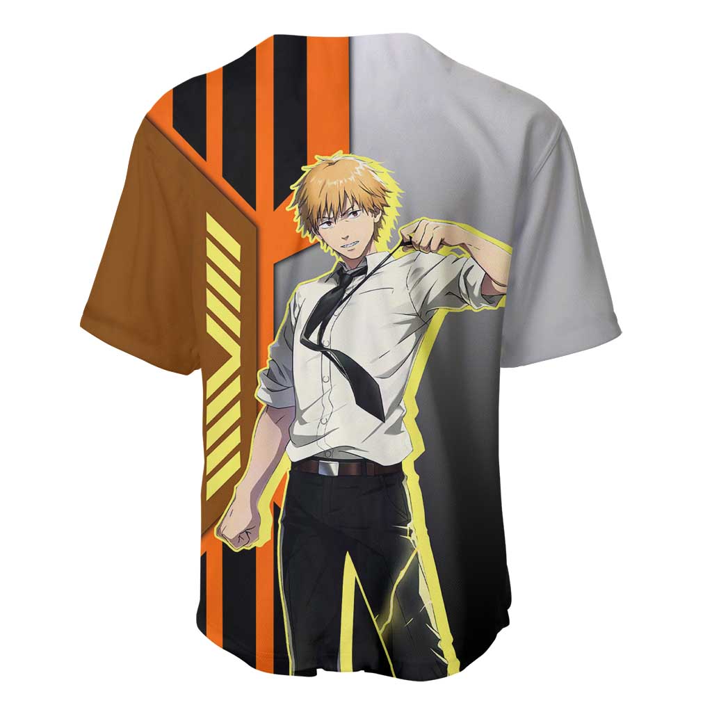 Denji from Chainsaw Man Baseball Jersey with Energetic Posing and Chainsaw Demon Design - The Mazicc
