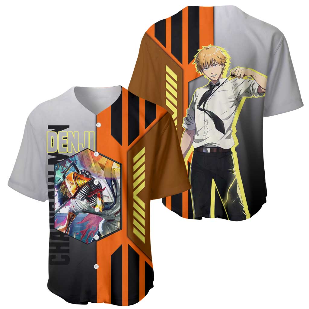 Denji from Chainsaw Man Baseball Jersey with Energetic Posing and Chainsaw Demon Design - The Mazicc