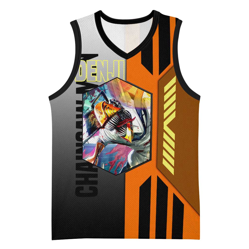 Denji from Chainsaw Man Basketball Jersey with Energetic Posing and Chainsaw Demon Design - The Mazicc