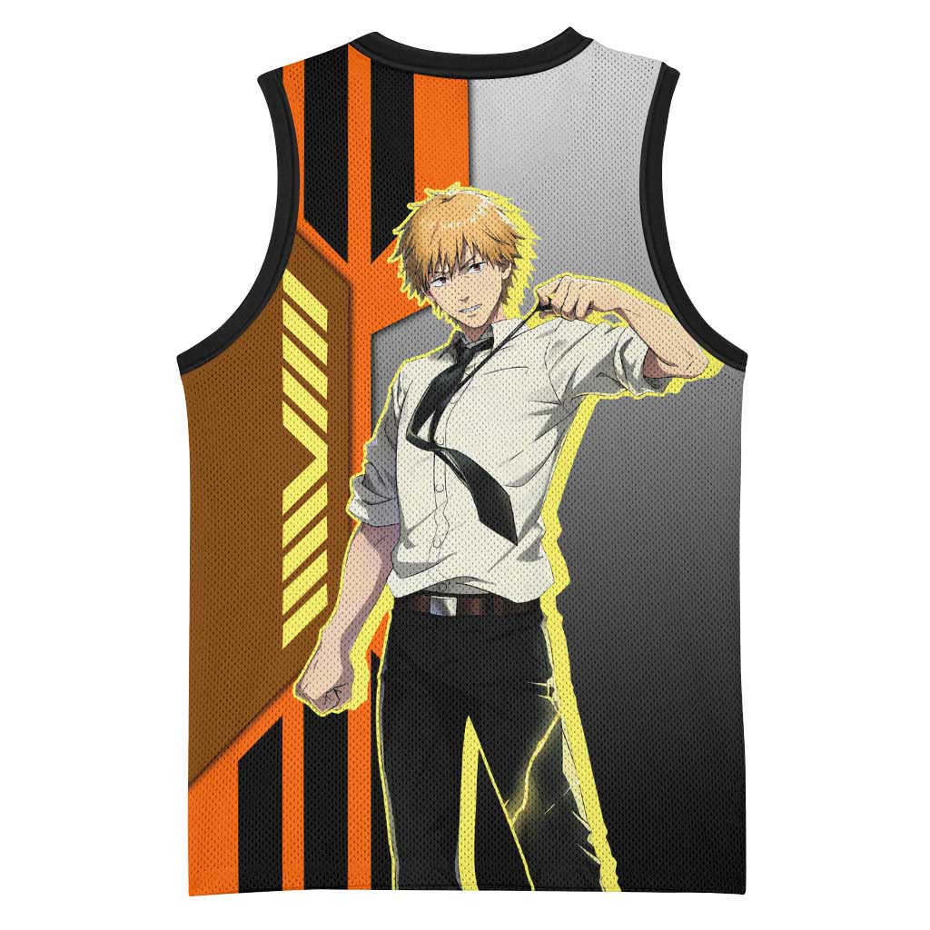 Denji from Chainsaw Man Basketball Jersey with Energetic Posing and Chainsaw Demon Design - The Mazicc