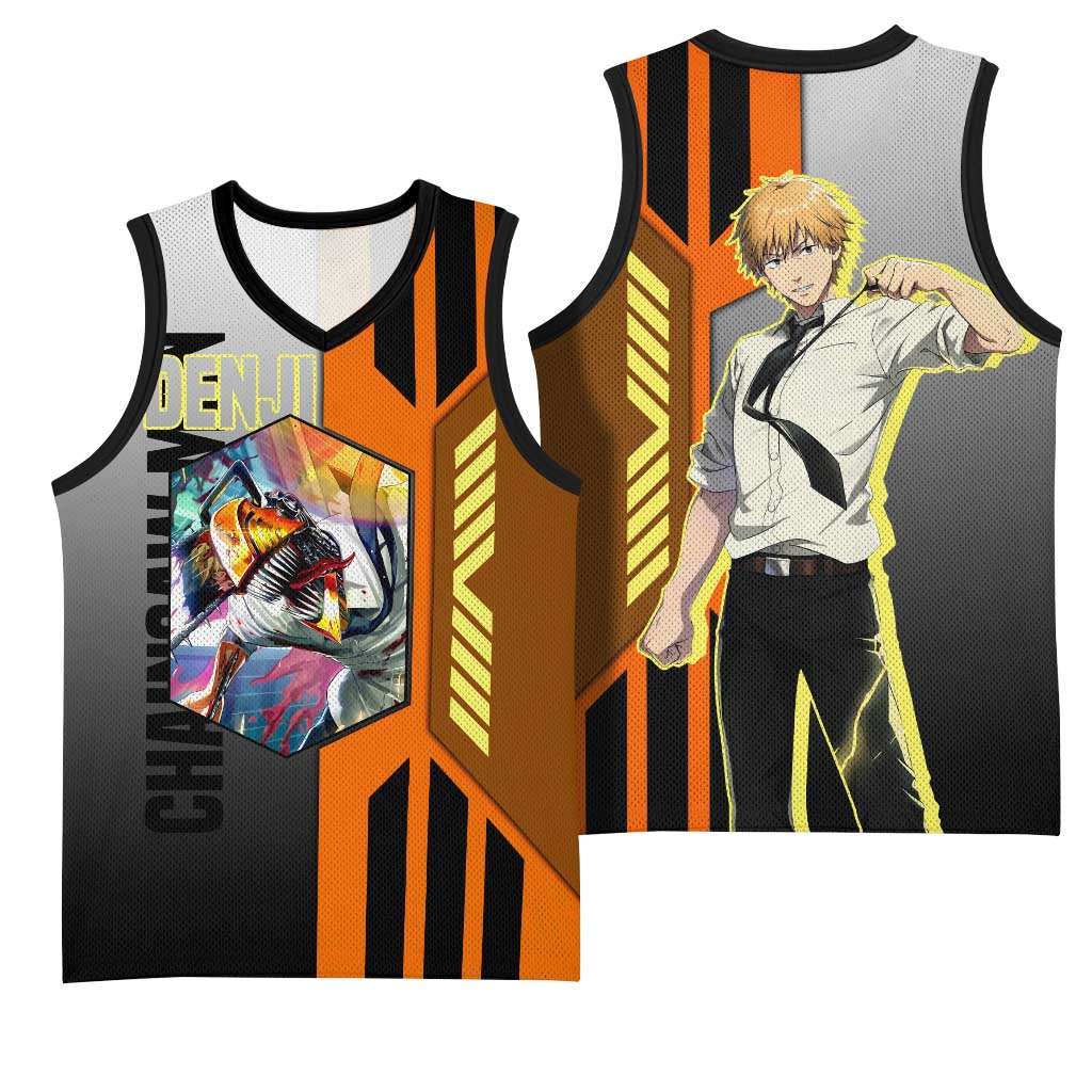 Denji from Chainsaw Man Basketball Jersey with Energetic Posing and Chainsaw Demon Design - The Mazicc