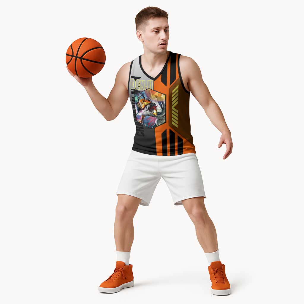 Denji from Chainsaw Man Basketball Jersey with Energetic Posing and Chainsaw Demon Design - The Mazicc