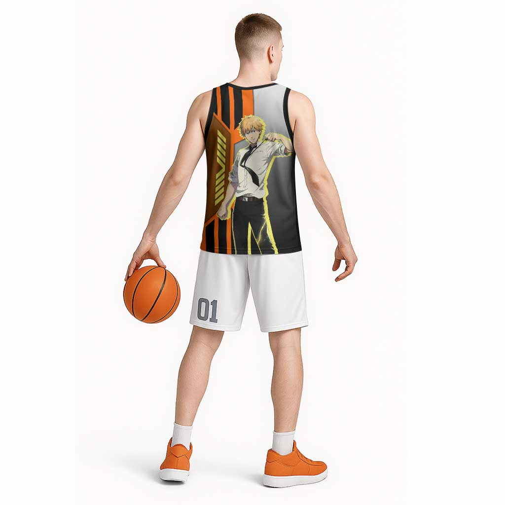 Denji from Chainsaw Man Basketball Jersey with Energetic Posing and Chainsaw Demon Design - The Mazicc