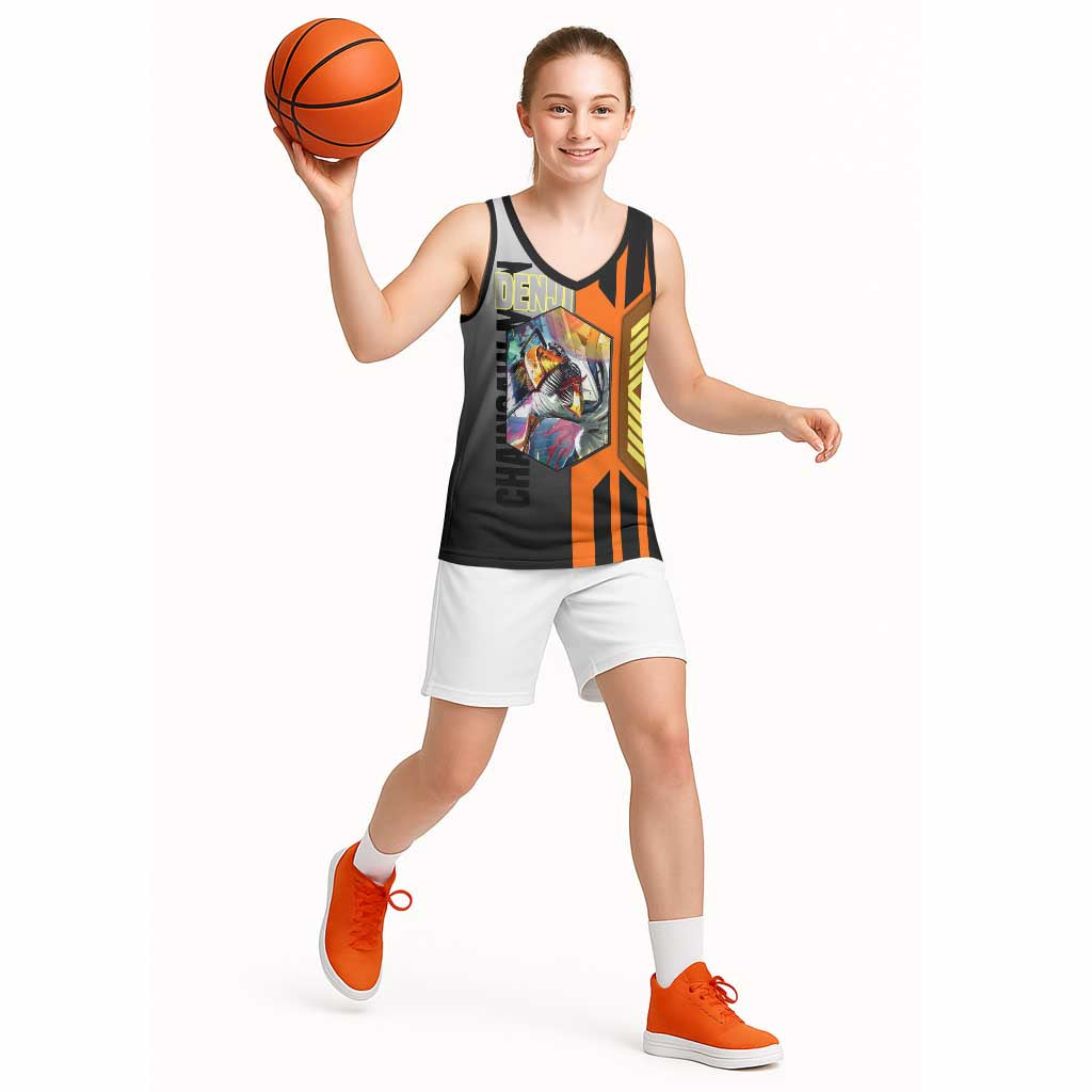 Denji from Chainsaw Man Basketball Jersey with Energetic Posing and Chainsaw Demon Design - The Mazicc