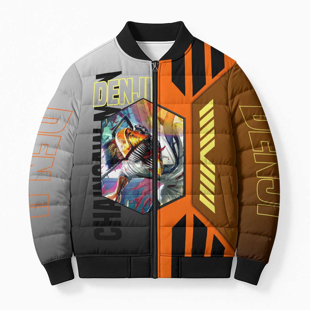 Denji from Chainsaw Man Bomber Puffer Jacket with Energetic Posing and Chainsaw Demon Design - The Mazicc