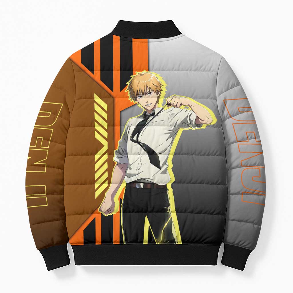 Denji from Chainsaw Man Bomber Puffer Jacket with Energetic Posing and Chainsaw Demon Design - The Mazicc