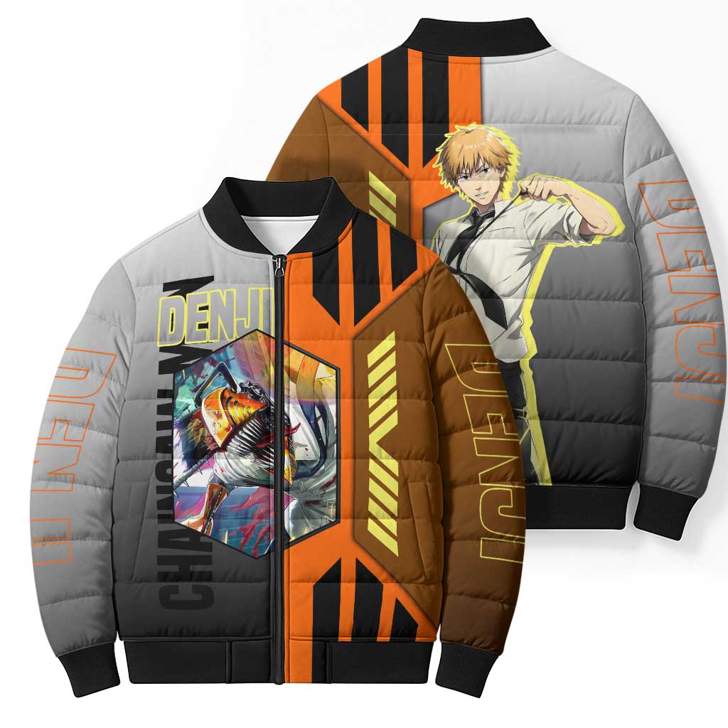 Denji from Chainsaw Man Bomber Puffer Jacket with Energetic Posing and Chainsaw Demon Design - The Mazicc
