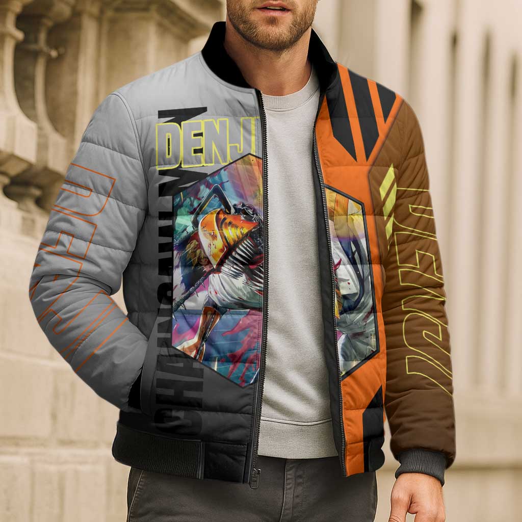 Denji from Chainsaw Man Bomber Puffer Jacket with Energetic Posing and Chainsaw Demon Design - The Mazicc