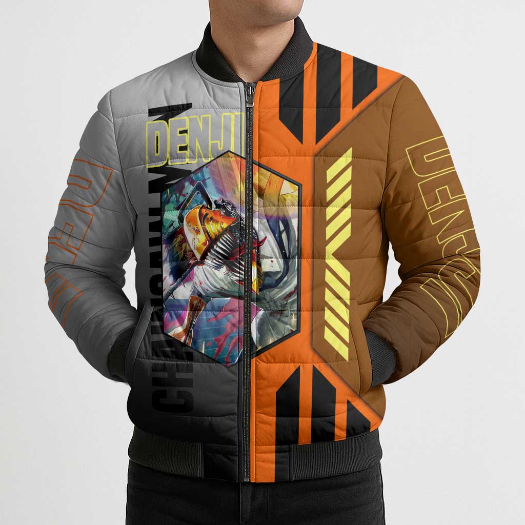 Denji from Chainsaw Man Bomber Puffer Jacket with Energetic Posing and Chainsaw Demon Design - The Mazicc