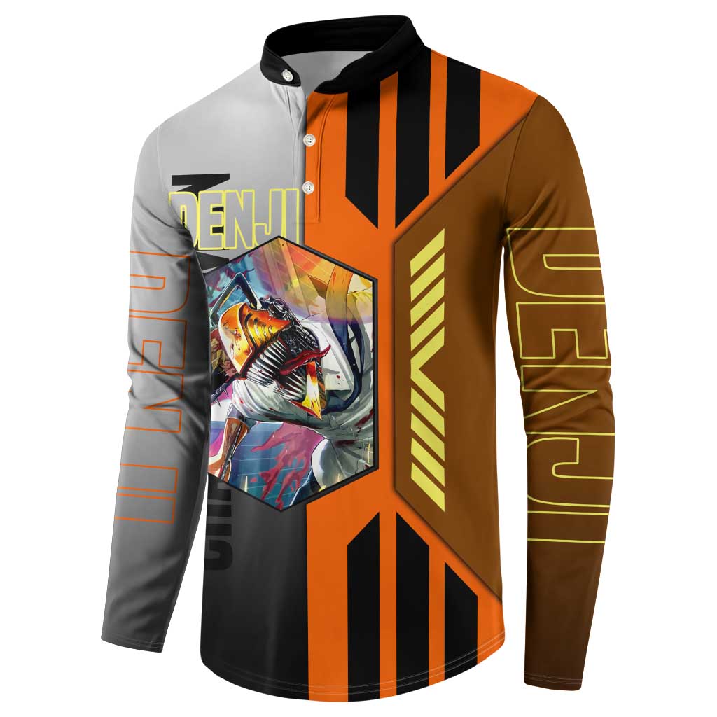 Denji from Chainsaw Man Button Sweatshirt with Energetic Posing and Chainsaw Demon Design - The Mazicc