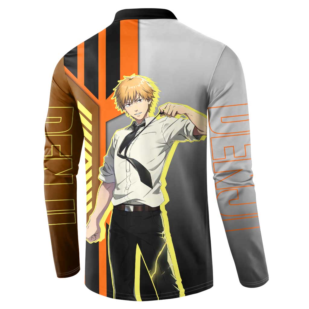 Denji from Chainsaw Man Button Sweatshirt with Energetic Posing and Chainsaw Demon Design - The Mazicc