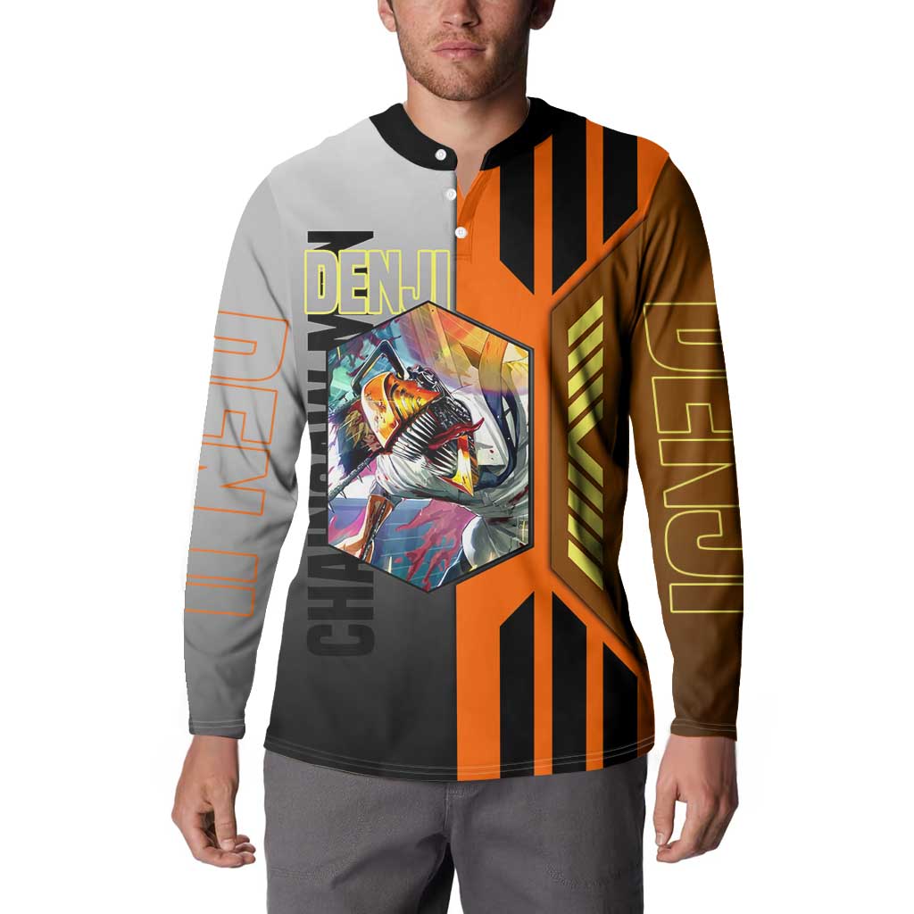 Denji from Chainsaw Man Button Sweatshirt with Energetic Posing and Chainsaw Demon Design - The Mazicc