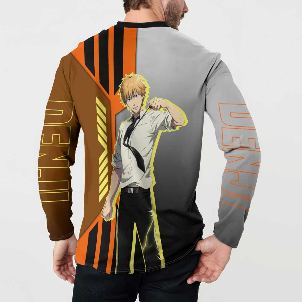 Denji from Chainsaw Man Button Sweatshirt with Energetic Posing and Chainsaw Demon Design - The Mazicc