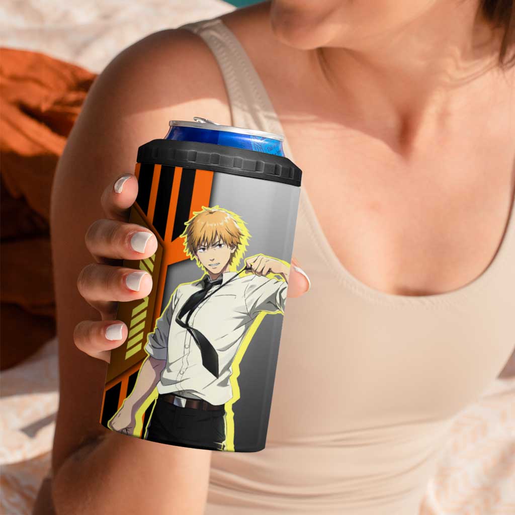Denji from Chainsaw Man 4 in 1 Can Cooler Tumbler with Energetic Posing and Chainsaw Demon Design - The Mazicc