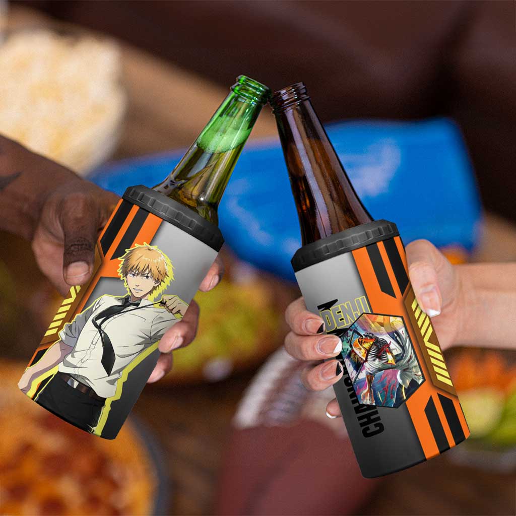 Denji from Chainsaw Man 4 in 1 Can Cooler Tumbler with Energetic Posing and Chainsaw Demon Design - The Mazicc