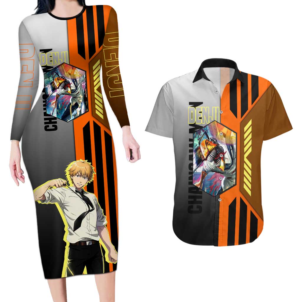 Denji from Chainsaw Man Couples Matching Long Sleeve Bodycon Dress and Hawaiian Shirt with Energetic Posing and Chainsaw Demon Design - The Mazicc