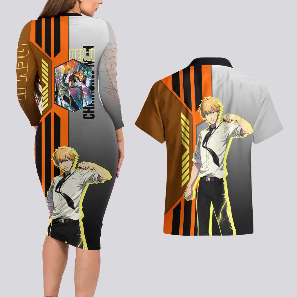 Denji from Chainsaw Man Couples Matching Long Sleeve Bodycon Dress and Hawaiian Shirt with Energetic Posing and Chainsaw Demon Design - The Mazicc