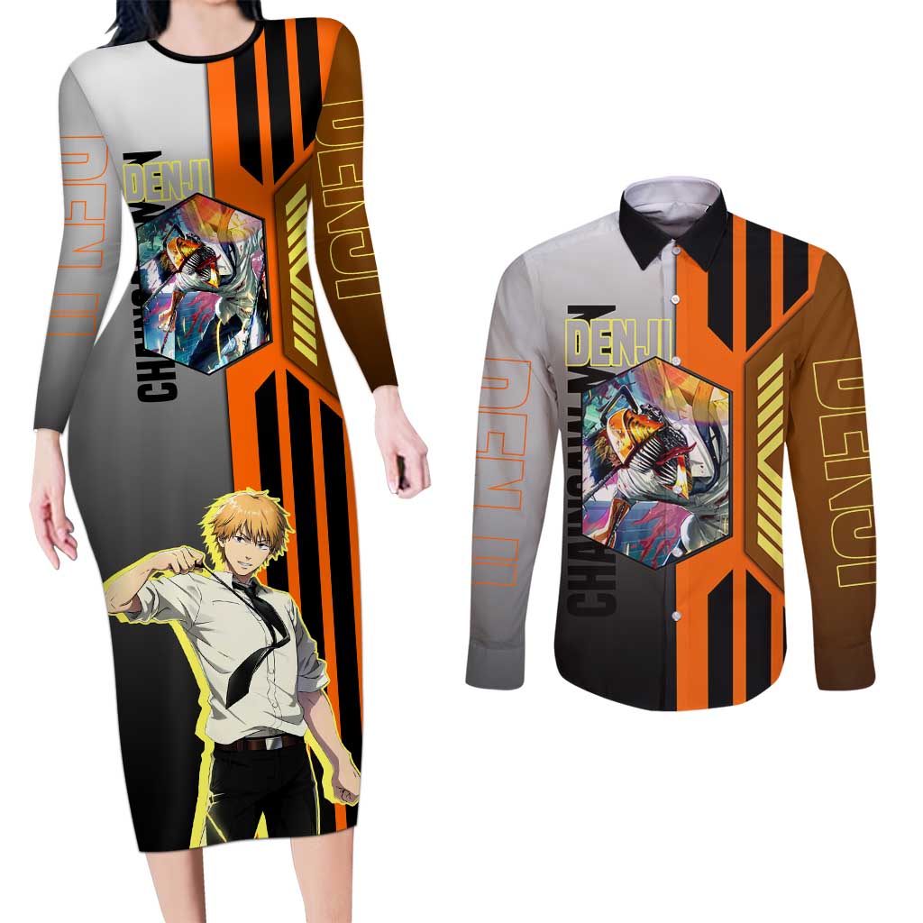 Denji from Chainsaw Man Couples Matching Long Sleeve Bodycon Dress and Long Sleeve Button Shirt with Energetic Posing and Chainsaw Demon Design - The Mazicc