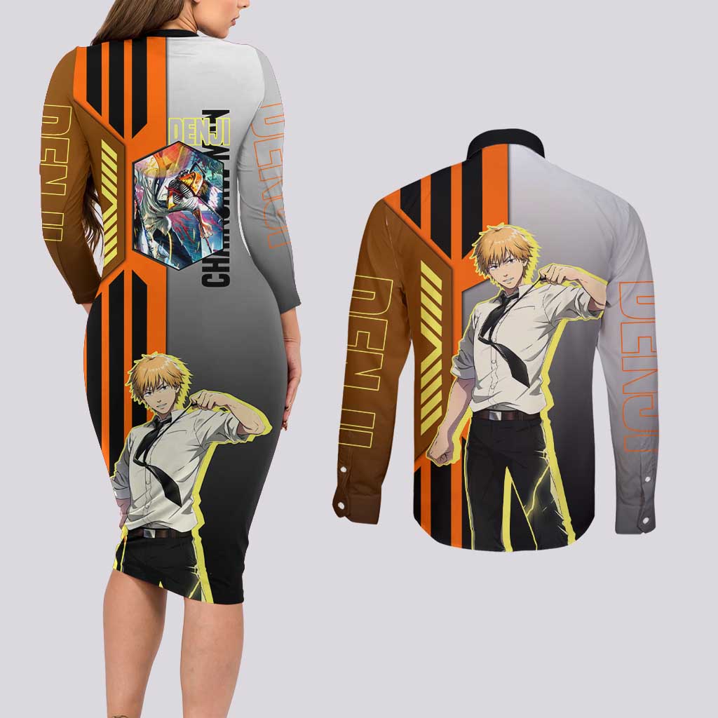 Denji from Chainsaw Man Couples Matching Long Sleeve Bodycon Dress and Long Sleeve Button Shirt with Energetic Posing and Chainsaw Demon Design - The Mazicc