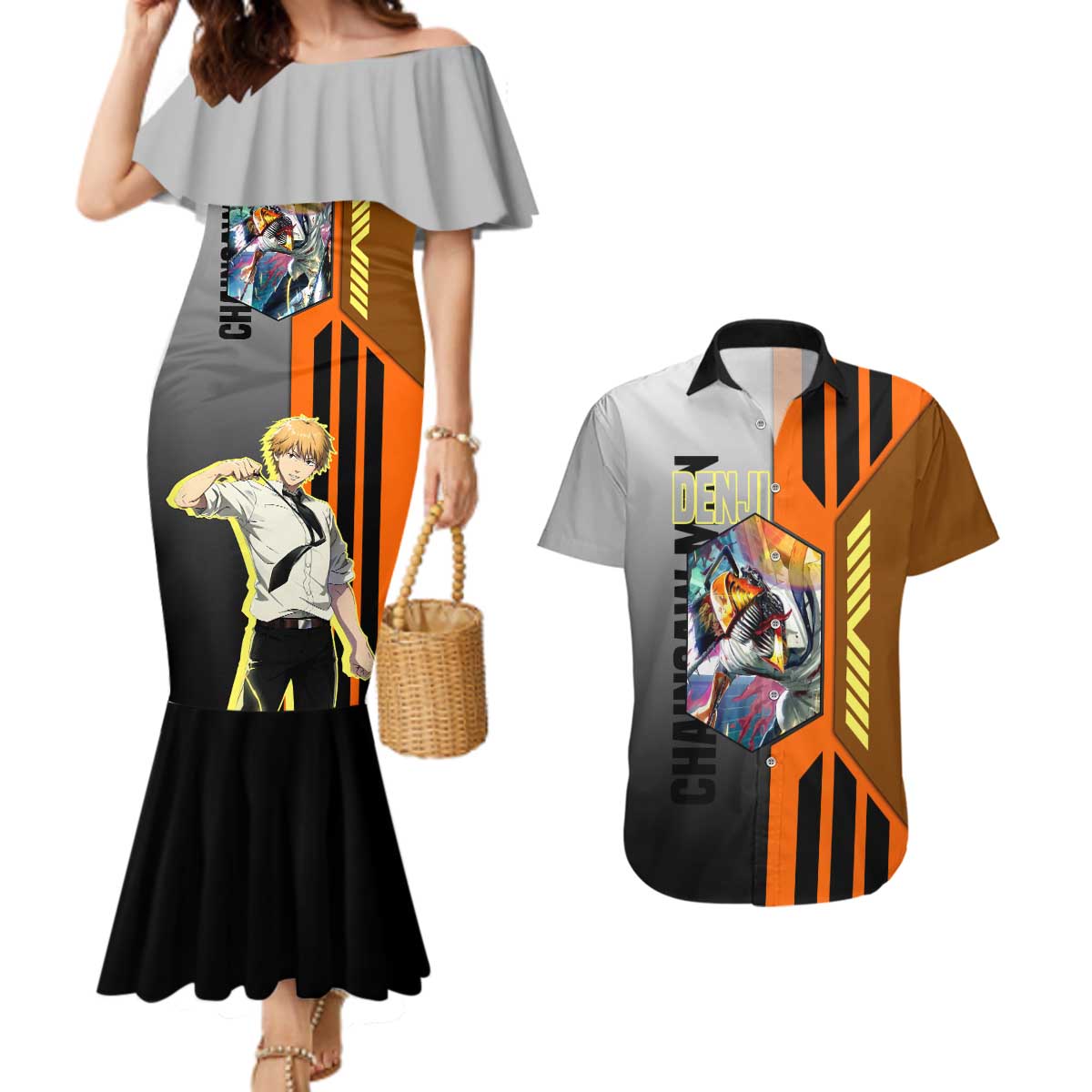 Denji from Chainsaw Man Couples Matching Mermaid Dress and Hawaiian Shirt with Energetic Posing and Chainsaw Demon Design - The Mazicc