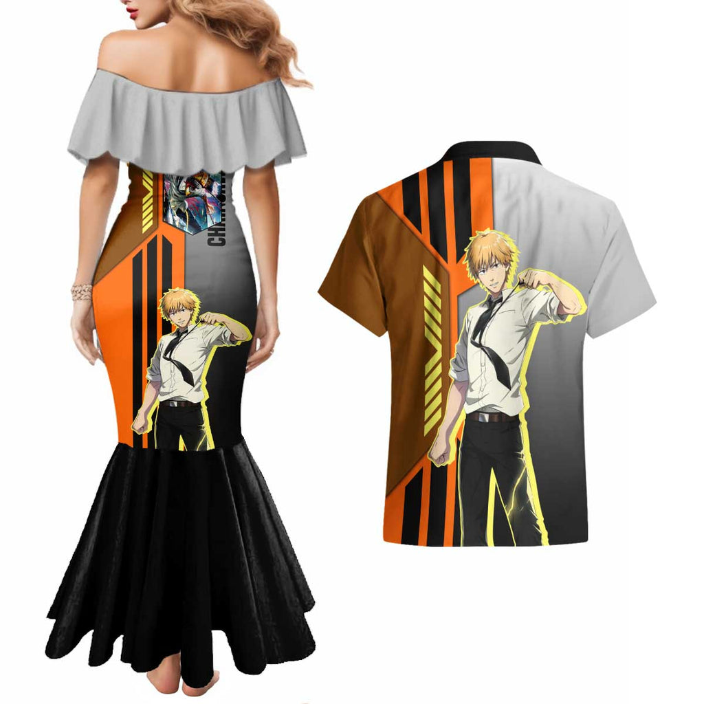 Denji from Chainsaw Man Couples Matching Mermaid Dress and Hawaiian Shirt with Energetic Posing and Chainsaw Demon Design - The Mazicc