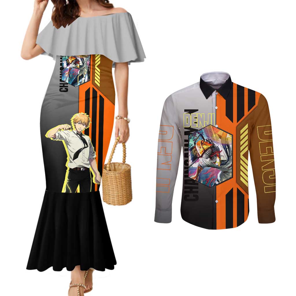 Denji from Chainsaw Man Couples Matching Mermaid Dress and Long Sleeve Button Shirt with Energetic Posing and Chainsaw Demon Design - The Mazicc