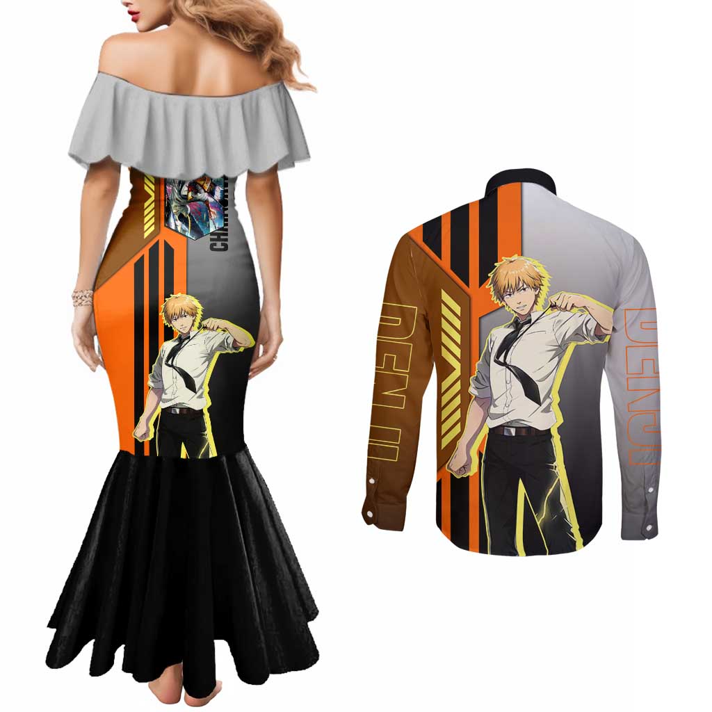 Denji from Chainsaw Man Couples Matching Mermaid Dress and Long Sleeve Button Shirt with Energetic Posing and Chainsaw Demon Design - The Mazicc
