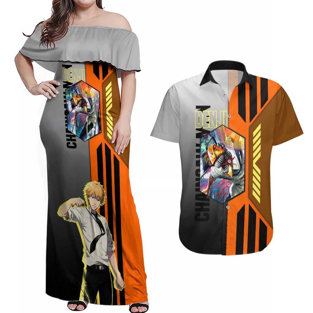 Denji from Chainsaw Man Couples Matching Off Shoulder Maxi Dress and Hawaiian Shirt with Energetic Posing and Chainsaw Demon Design - The Mazicc