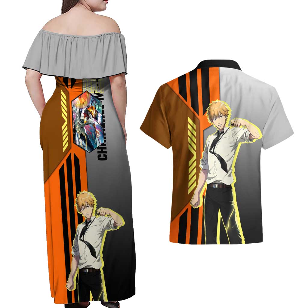Denji from Chainsaw Man Couples Matching Off Shoulder Maxi Dress and Hawaiian Shirt with Energetic Posing and Chainsaw Demon Design - The Mazicc