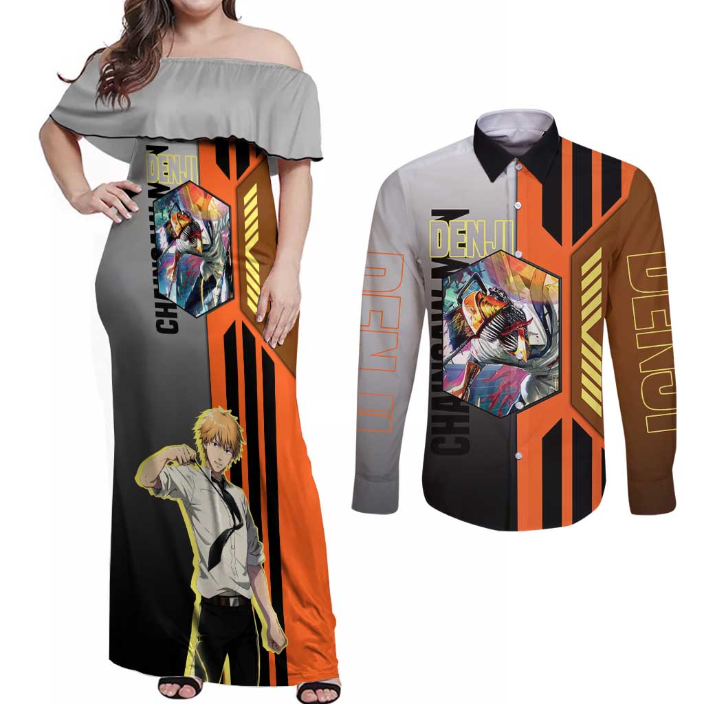 Denji from Chainsaw Man Couples Matching Off Shoulder Maxi Dress and Long Sleeve Button Shirt with Energetic Posing and Chainsaw Demon Design - The Mazicc