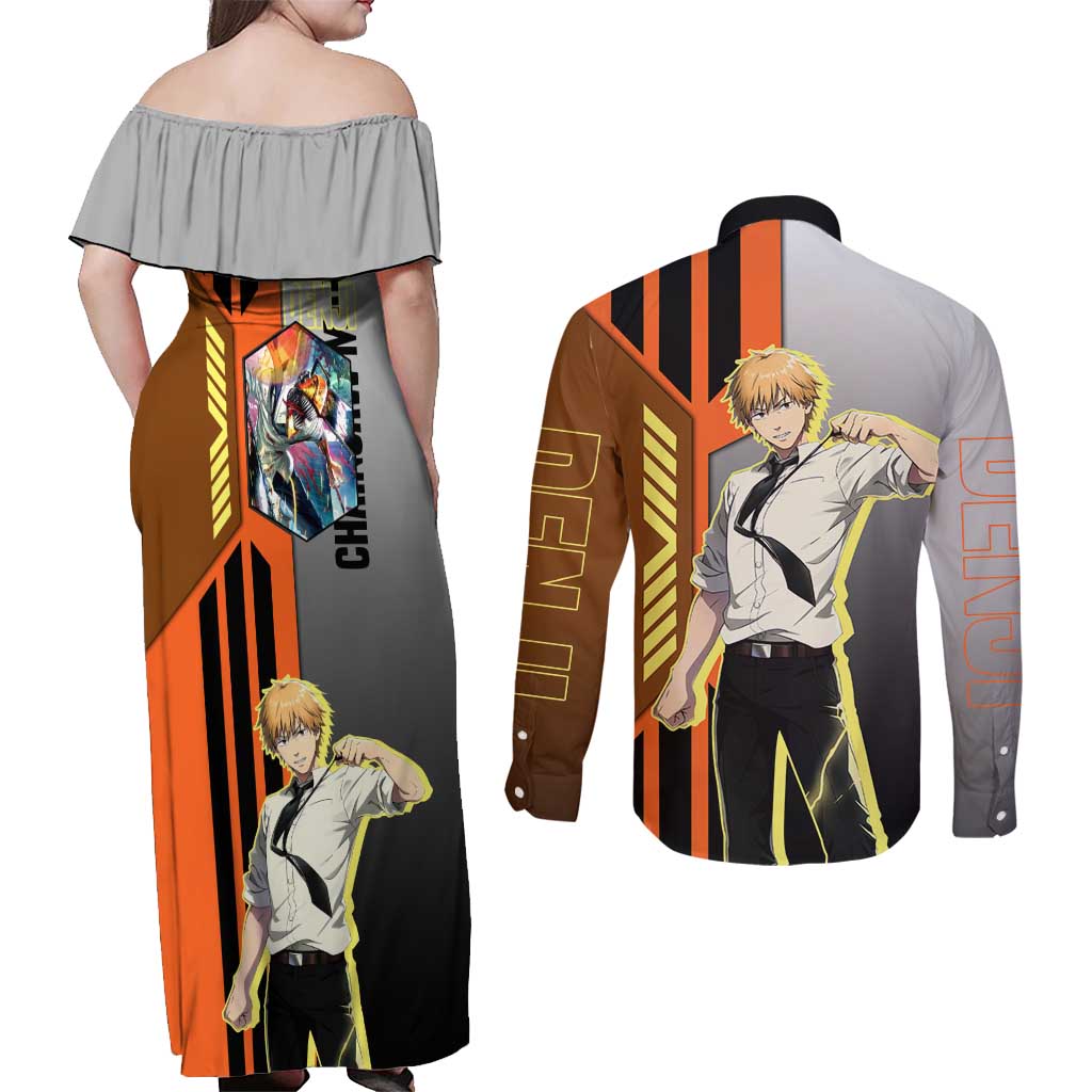 Denji from Chainsaw Man Couples Matching Off Shoulder Maxi Dress and Long Sleeve Button Shirt with Energetic Posing and Chainsaw Demon Design - The Mazicc