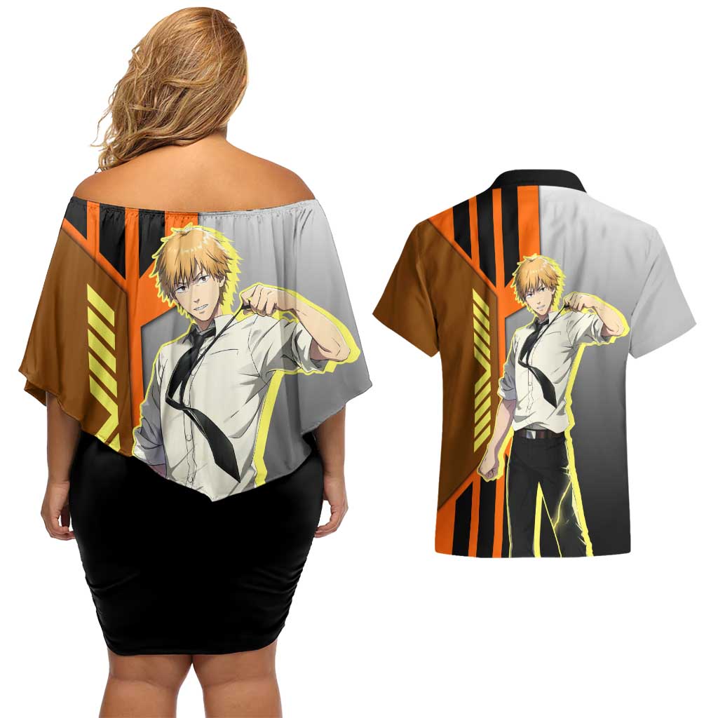 Denji from Chainsaw Man Couples Matching Off Shoulder Short Dress and Hawaiian Shirt with Energetic Posing and Chainsaw Demon Design - The Mazicc