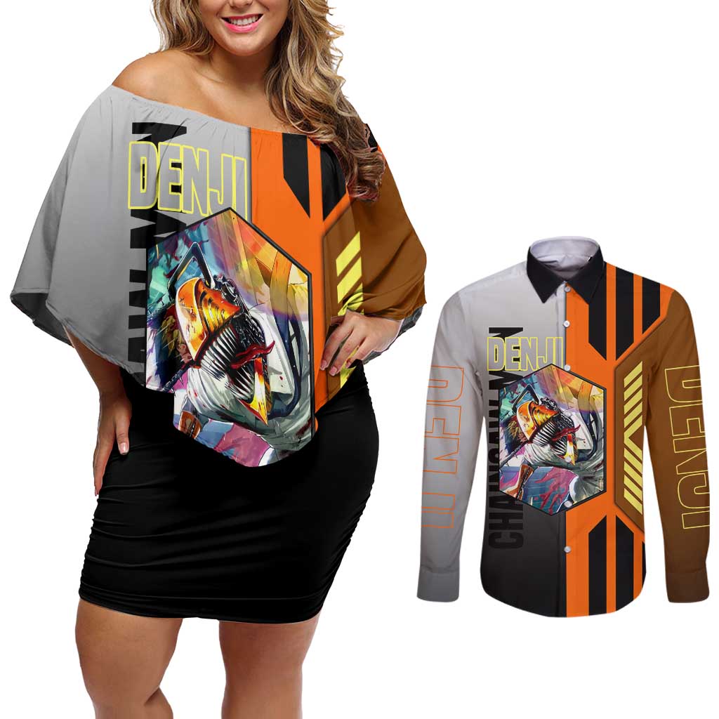 Denji from Chainsaw Man Couples Matching Off Shoulder Short Dress and Long Sleeve Button Shirt with Energetic Posing and Chainsaw Demon Design - The Mazicc
