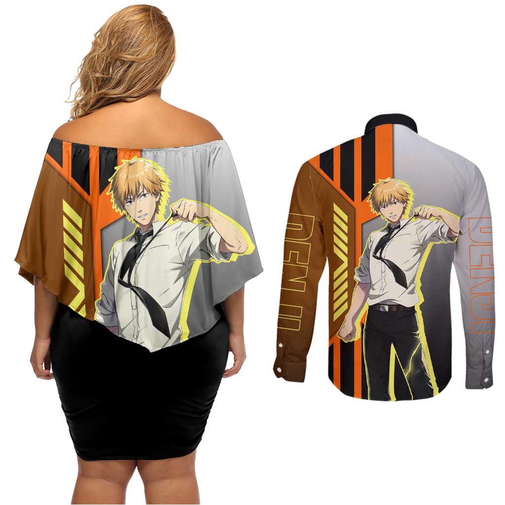 Denji from Chainsaw Man Couples Matching Off Shoulder Short Dress and Long Sleeve Button Shirt with Energetic Posing and Chainsaw Demon Design - The Mazicc