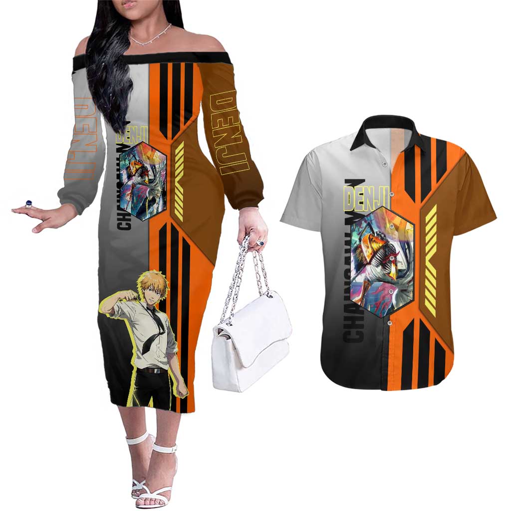 Denji from Chainsaw Man Couples Matching Off The Shoulder Long Sleeve Dress and Hawaiian Shirt with Energetic Posing and Chainsaw Demon Design - The Mazicc
