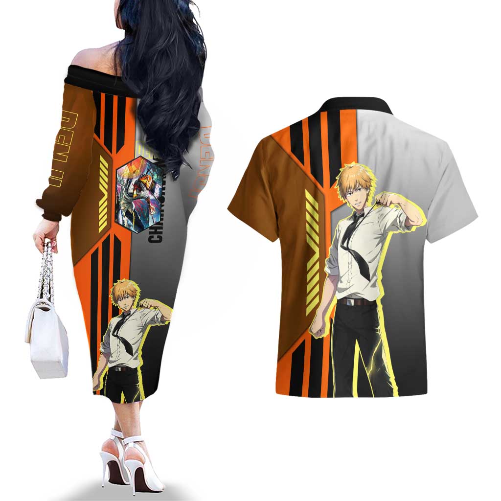 Denji from Chainsaw Man Couples Matching Off The Shoulder Long Sleeve Dress and Hawaiian Shirt with Energetic Posing and Chainsaw Demon Design - The Mazicc