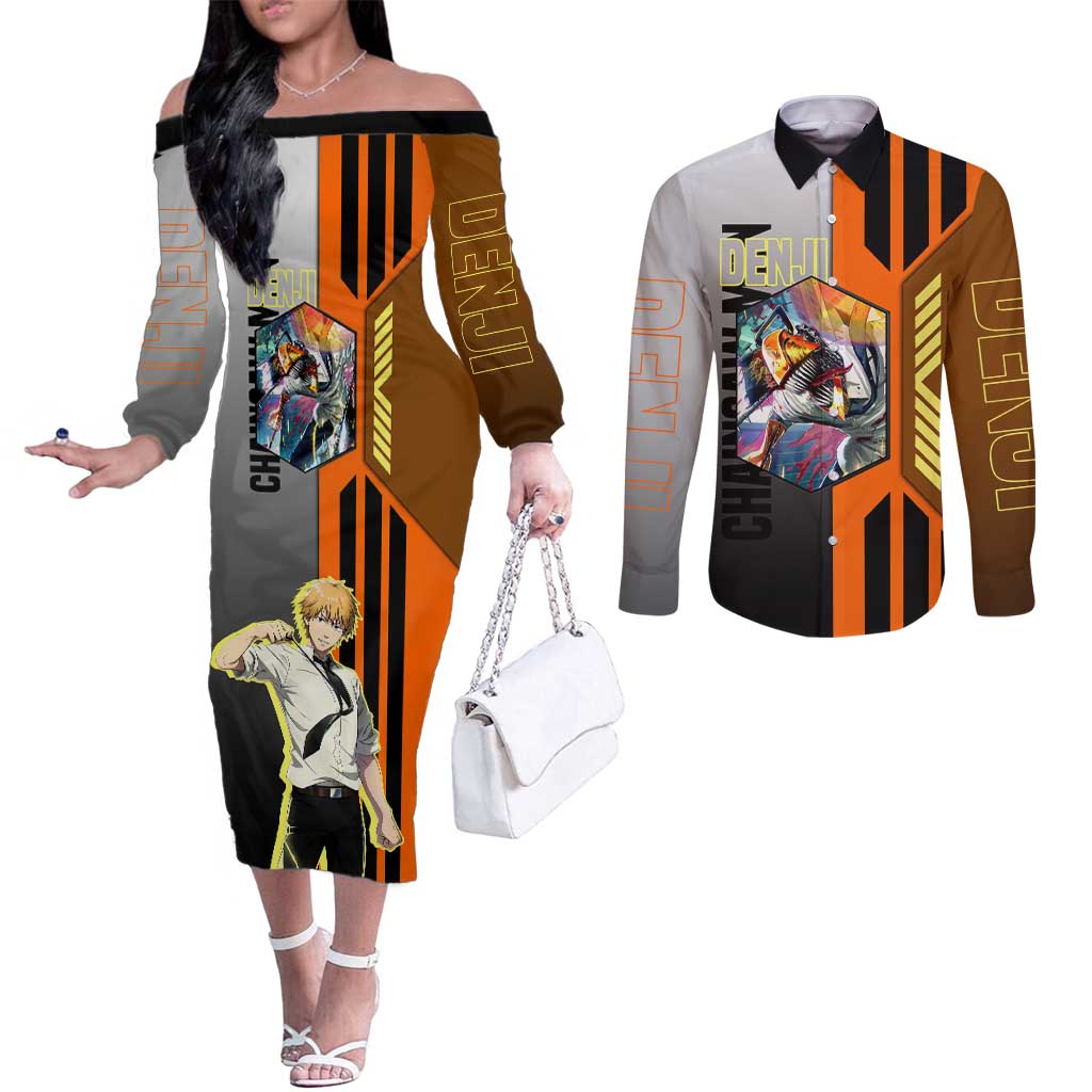 Denji from Chainsaw Man Couples Matching Off The Shoulder Long Sleeve Dress and Long Sleeve Button Shirt with Energetic Posing and Chainsaw Demon Design - The Mazicc