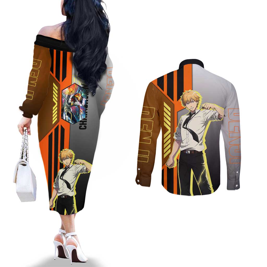 Denji from Chainsaw Man Couples Matching Off The Shoulder Long Sleeve Dress and Long Sleeve Button Shirt with Energetic Posing and Chainsaw Demon Design - The Mazicc