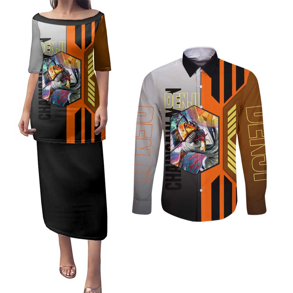 Denji from Chainsaw Man Couples Matching Puletasi and Long Sleeve Button Shirt with Energetic Posing and Chainsaw Demon Design - The Mazicc