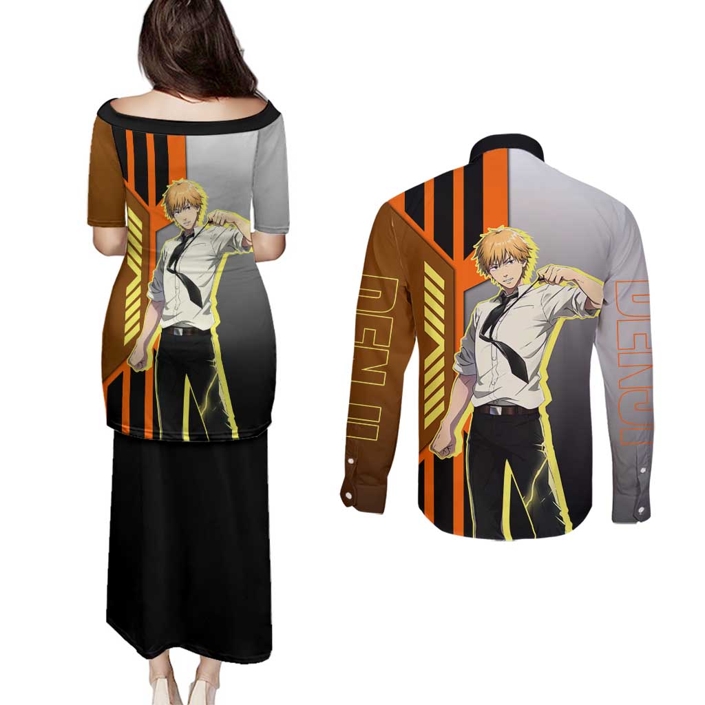 Denji from Chainsaw Man Couples Matching Puletasi and Long Sleeve Button Shirt with Energetic Posing and Chainsaw Demon Design - The Mazicc