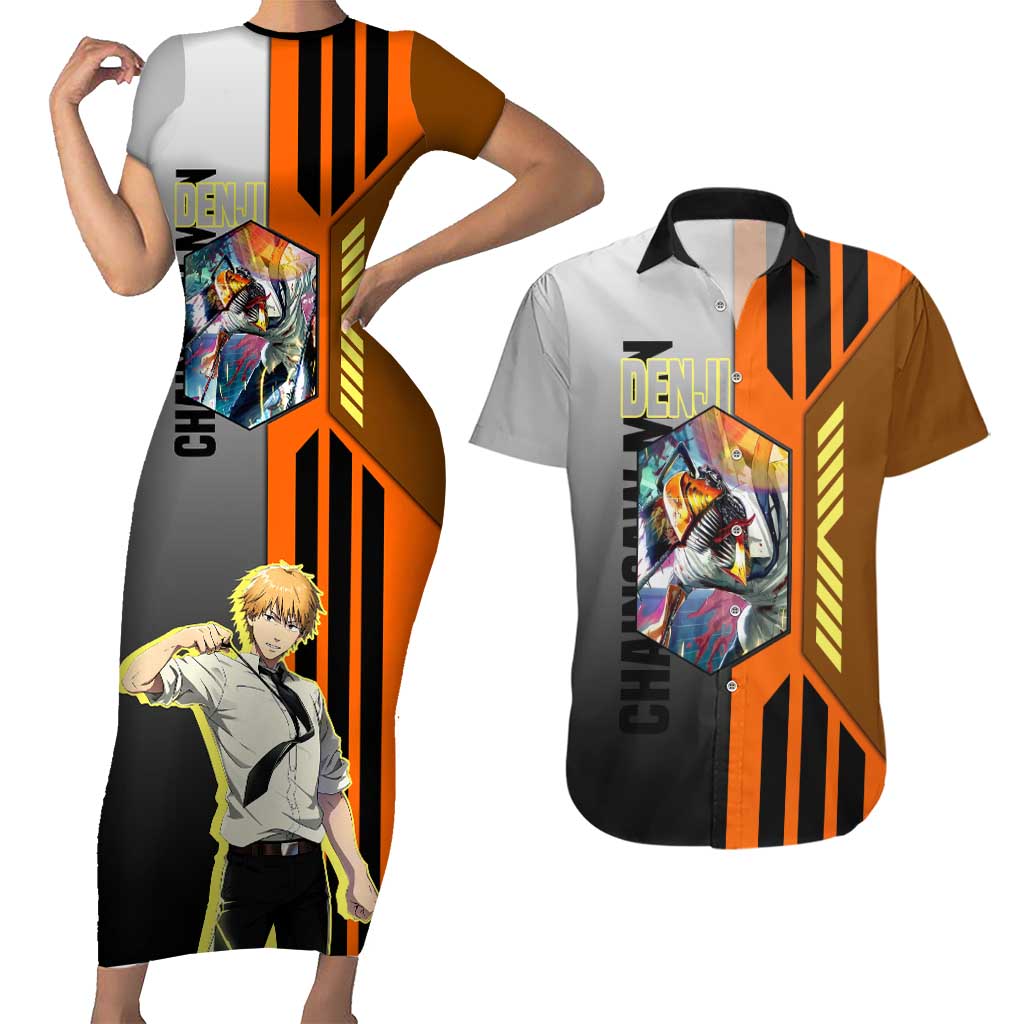 Denji from Chainsaw Man Couples Matching Short Sleeve Bodycon Dress and Hawaiian Shirt with Energetic Posing and Chainsaw Demon Design - The Mazicc