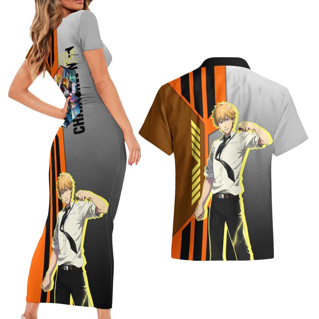 Denji from Chainsaw Man Couples Matching Short Sleeve Bodycon Dress and Hawaiian Shirt with Energetic Posing and Chainsaw Demon Design - The Mazicc