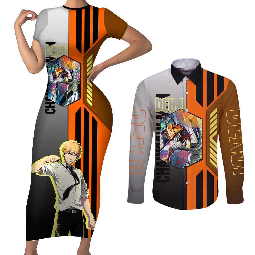 Denji from Chainsaw Man Couples Matching Short Sleeve Bodycon Dress and Long Sleeve Button Shirt with Energetic Posing and Chainsaw Demon Design - The Mazicc