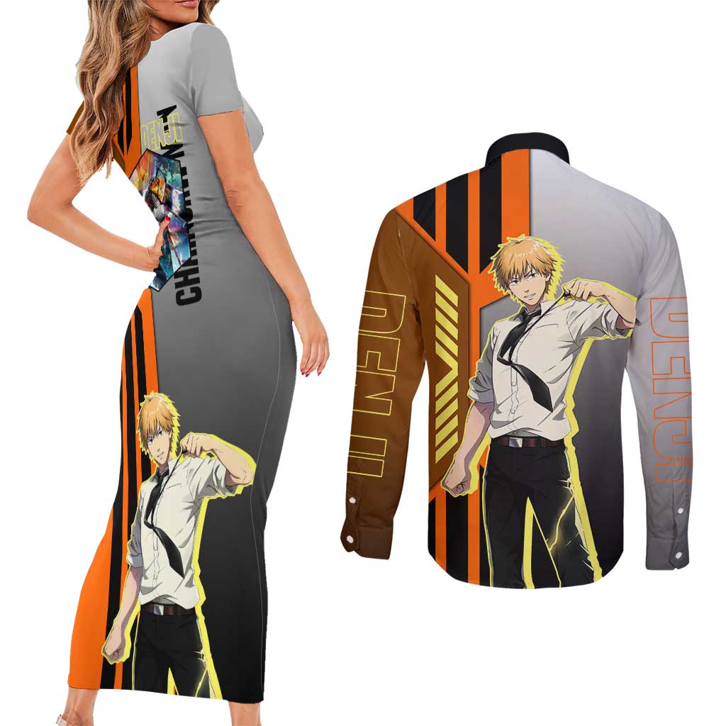 Denji from Chainsaw Man Couples Matching Short Sleeve Bodycon Dress and Long Sleeve Button Shirt with Energetic Posing and Chainsaw Demon Design - The Mazicc