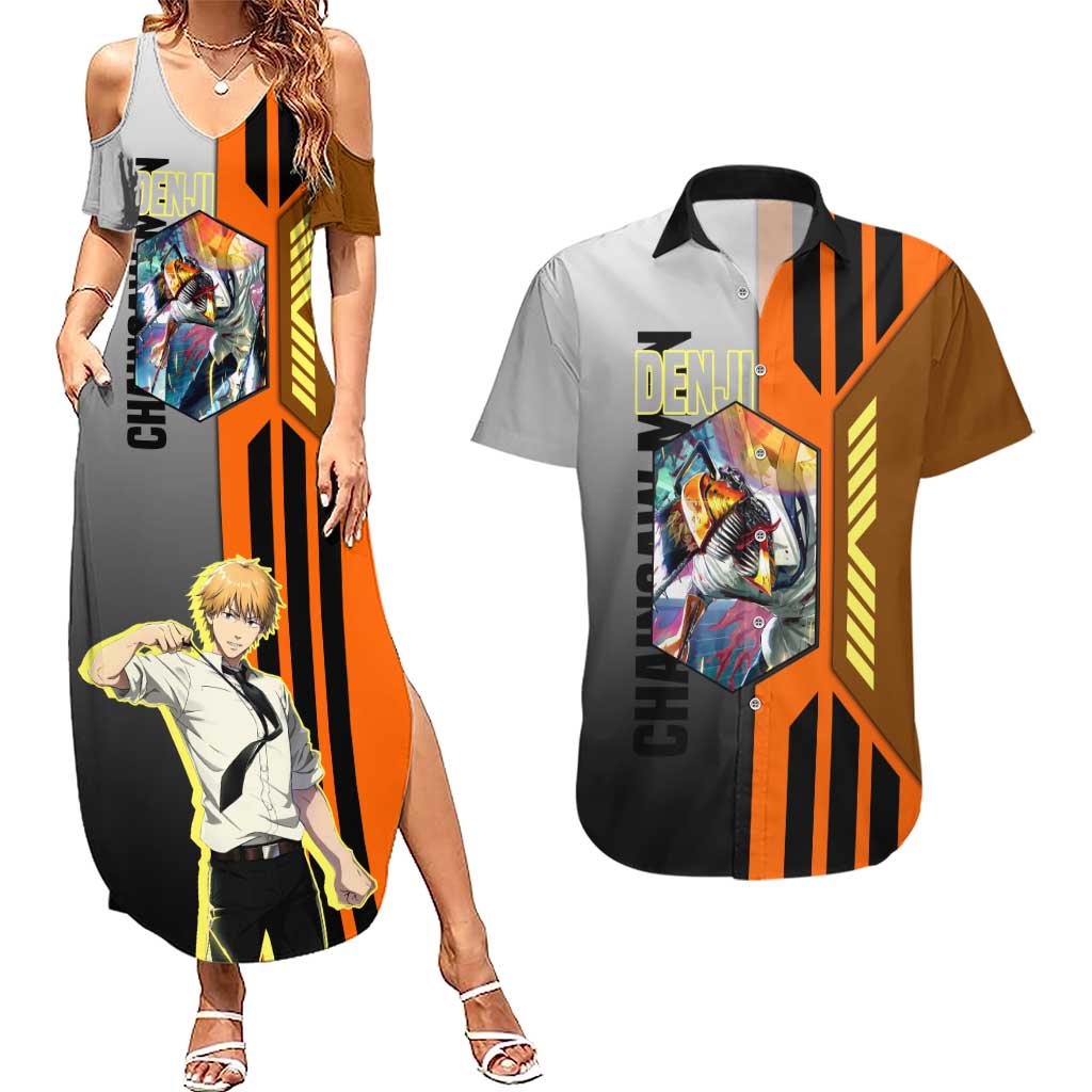 Denji from Chainsaw Man Couples Matching Summer Maxi Dress and Hawaiian Shirt with Energetic Posing and Chainsaw Demon Design - The Mazicc