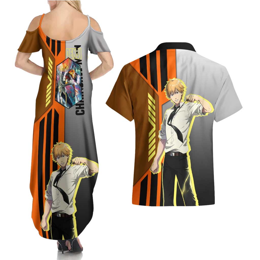 Denji from Chainsaw Man Couples Matching Summer Maxi Dress and Hawaiian Shirt with Energetic Posing and Chainsaw Demon Design - The Mazicc