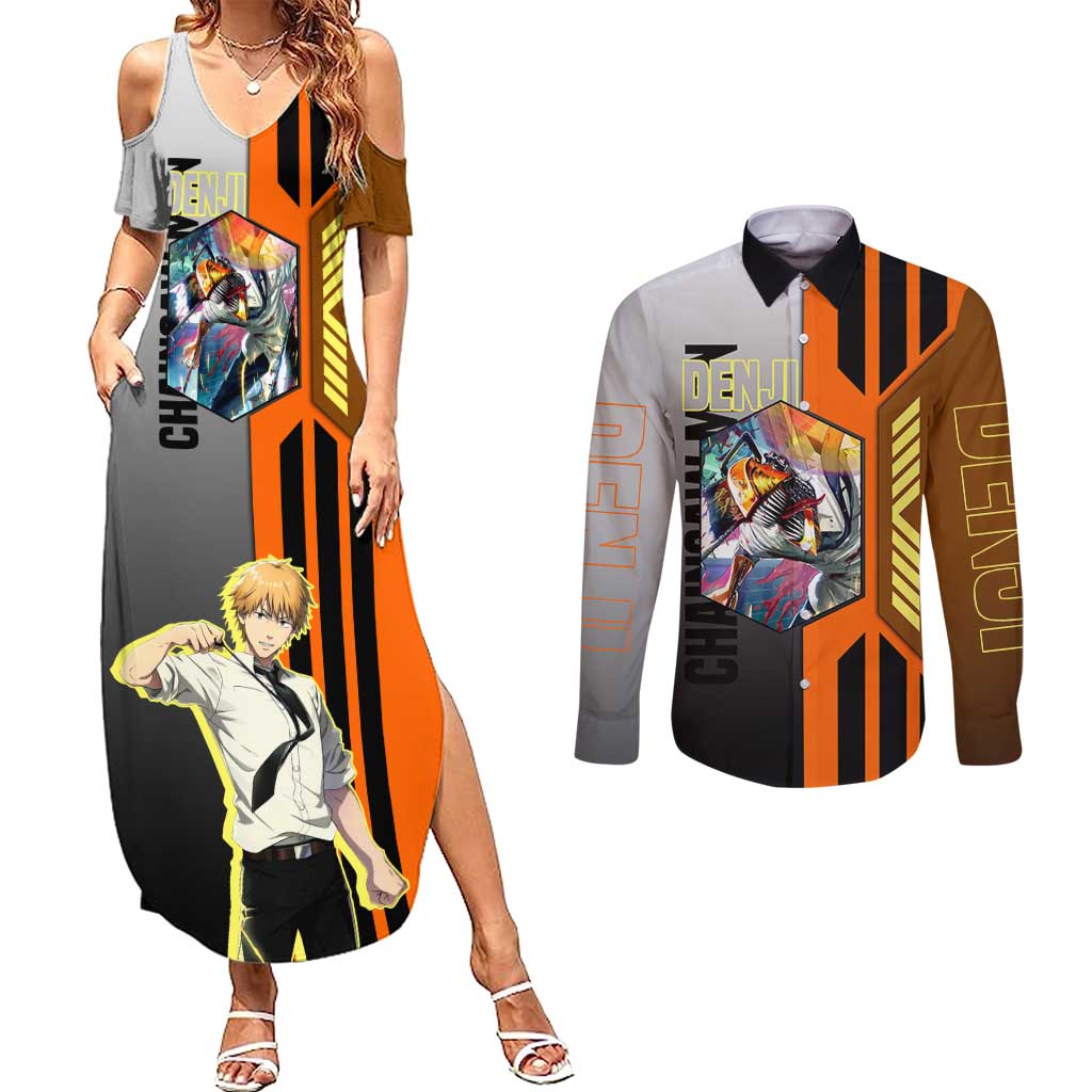 Denji from Chainsaw Man Couples Matching Summer Maxi Dress and Long Sleeve Button Shirt with Energetic Posing and Chainsaw Demon Design - The Mazicc